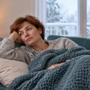 Une femme fatiguée se repose sur un canapé sous un plaid, un verre d’eau à proximité.