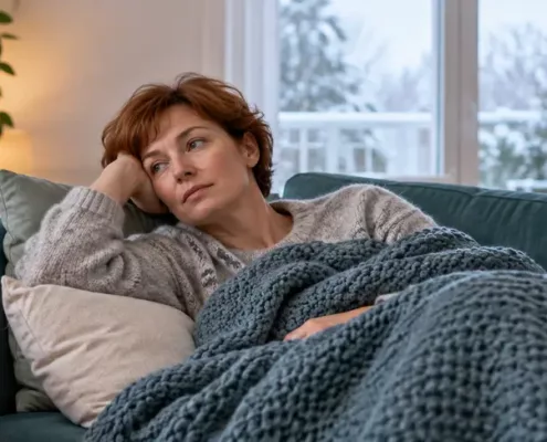 Une femme fatiguée se repose sur un canapé sous un plaid, un verre d’eau à proximité.