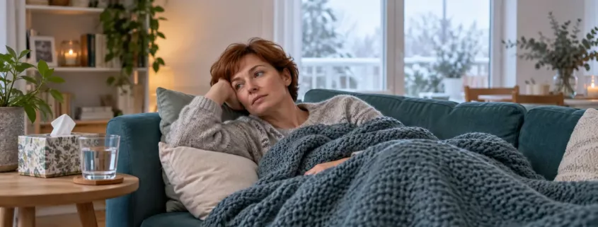 Une femme fatiguée se repose sur un canapé sous un plaid, un verre d’eau à proximité.