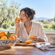 Une femme sent une orange coupée qu’elle tient dans sa main, près d’une fenêtre ouverte.