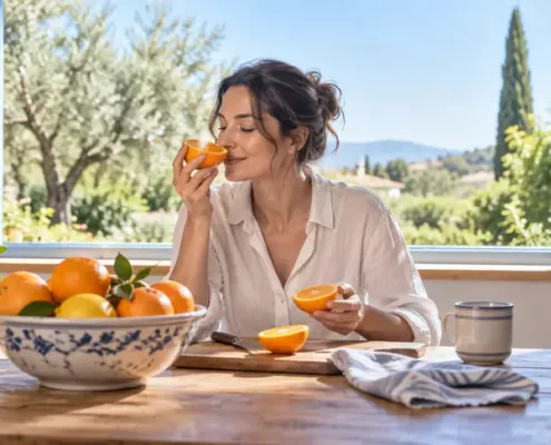 Une femme sent une orange coupée qu’elle tient dans sa main, près d’une fenêtre ouverte.