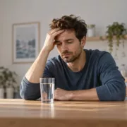 Un homme assis à une table pose une main sur son front, un verre d’eau devant lui.