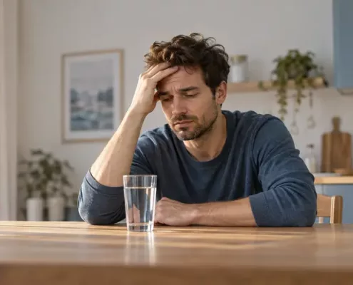 Un homme assis à une table pose une main sur son front, un verre d’eau devant lui.