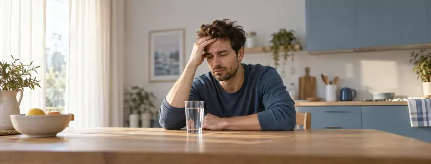 Un homme assis à une table pose une main sur son front, un verre d’eau devant lui.