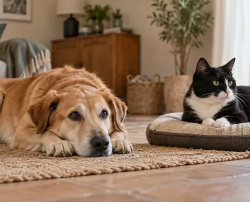 Un chien se repose sur un tapis et un chat sur un coussin dans un salon.