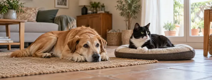 Un chien se repose sur un tapis et un chat sur un coussin dans un salon.