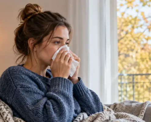 Une jeune femme utilise un mouchoir près d’une fenêtre.