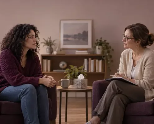 Une femme échange avec une professionnelle dans un espace calme.
