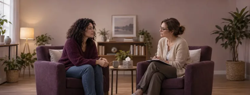 Une femme échange avec une professionnelle dans un espace calme.