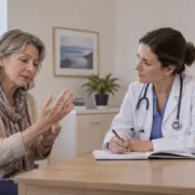 Une patiente décrit ses sensations à un médecin en montrant sa main.