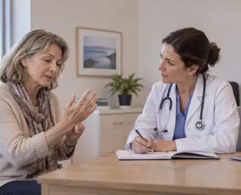 Une patiente décrit ses sensations à un médecin en montrant sa main.
