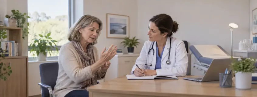 Une patiente décrit ses sensations à un médecin en montrant sa main.