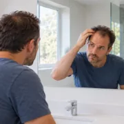 Un homme observe sa ligne de cheveux dans le miroir de sa salle de bain.