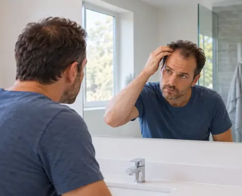Un homme observe sa ligne de cheveux dans le miroir de sa salle de bain.