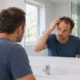Un homme observe sa ligne de cheveux dans le miroir de sa salle de bain.