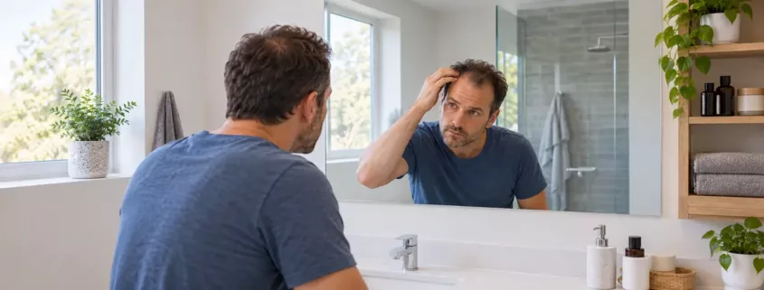 Un homme observe sa ligne de cheveux dans le miroir de sa salle de bain.