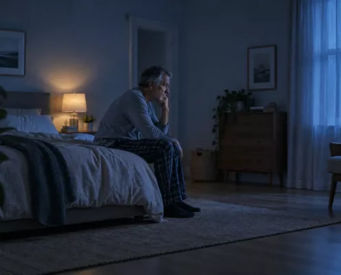 Un homme éveillé est assis au bord de son lit dans la pénombre.