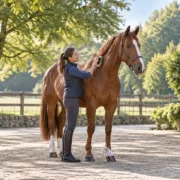 Une cavalière brosse l’encolure d’un cheval dans une cour d’écurie.