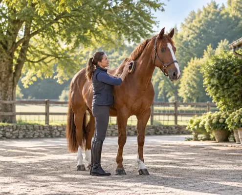 Une cavalière brosse l’encolure d’un cheval dans une cour d’écurie.