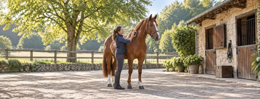 Une cavalière brosse l’encolure d’un cheval dans une cour d’écurie.