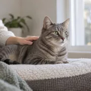 Un chat tigré se repose près d’une fenêtre sous la main de sa propriétaire.