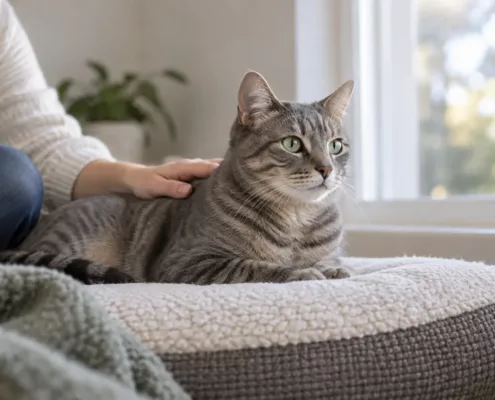 Un chat tigré se repose près d’une fenêtre sous la main de sa propriétaire.