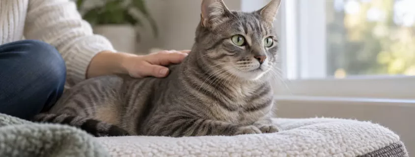 Un chat tigré se repose près d’une fenêtre sous la main de sa propriétaire.