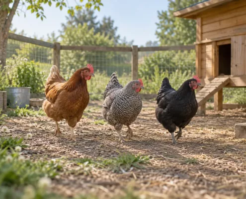 Trois poules se déplacent près d’un abreuvoir dans un enclos propre.