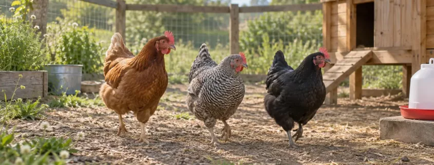 Trois poules se déplacent près d’un abreuvoir dans un enclos propre.