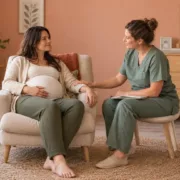 Une femme enceinte assise échange avec une sage-femme dans une salle de maternité.