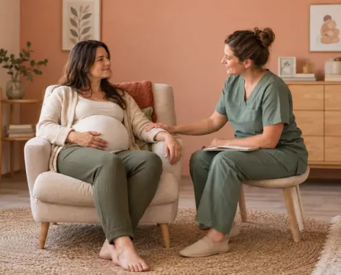 Une femme enceinte assise échange avec une sage-femme dans une salle de maternité.