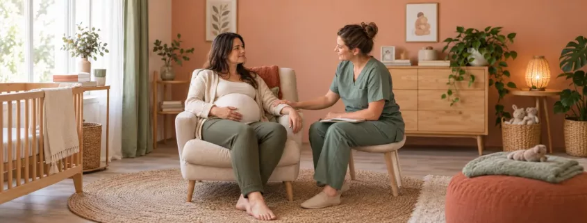 Une femme enceinte assise échange avec une sage-femme dans une salle de maternité.