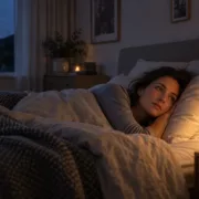 Femme éveillée dans son lit, la tête sur l’oreiller, dans une chambre faiblement éclairée.