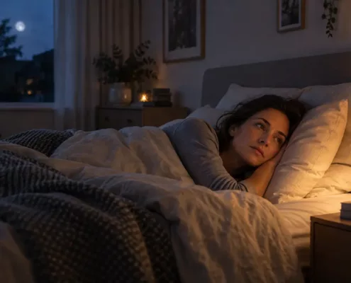 Femme éveillée dans son lit, la tête sur l’oreiller, dans une chambre faiblement éclairée.