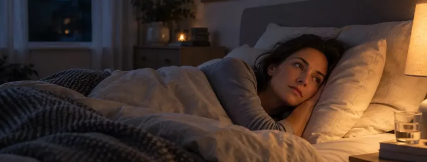 Femme éveillée dans son lit, la tête sur l’oreiller, dans une chambre faiblement éclairée.