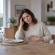 Une femme assise à une table pose une main sur sa tempe et l’autre sur son ventre.
