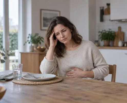 Une femme assise à une table pose une main sur sa tempe et l’autre sur son ventre.