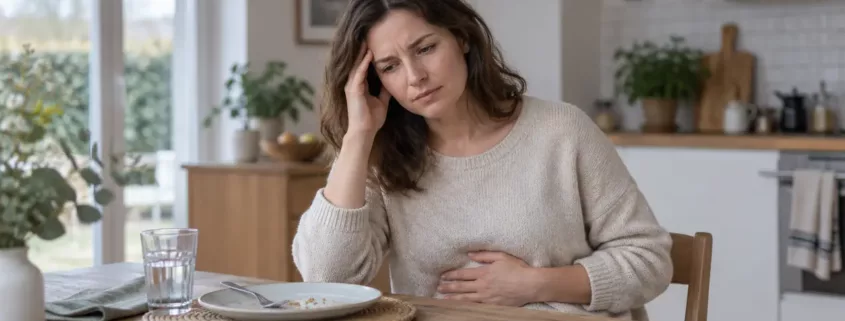 Une femme assise à une table pose une main sur sa tempe et l’autre sur son ventre.