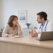 Une patiente échange avec un médecin, un carnet de questions ouvert devant elle.