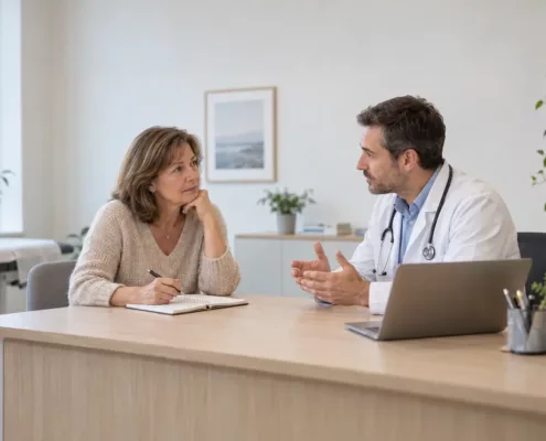 Une patiente échange avec un médecin, un carnet de questions ouvert devant elle.
