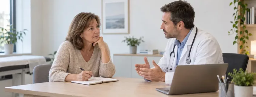 Une patiente échange avec un médecin, un carnet de questions ouvert devant elle.