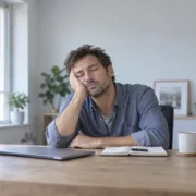 Un homme somnole devant son ordinateur dans un bureau éclairé par la lumière du jour.
