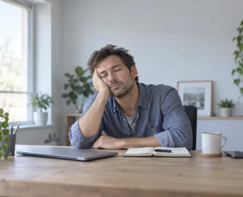 Un homme somnole devant son ordinateur dans un bureau éclairé par la lumière du jour.