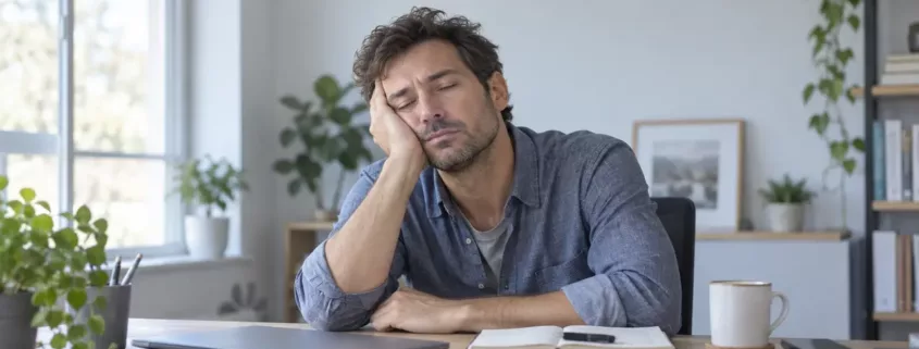 Un homme somnole devant son ordinateur dans un bureau éclairé par la lumière du jour.