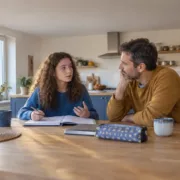 Un parent écoute son adolescente devant un cahier ouvert sur la table.