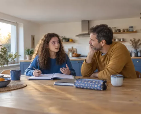 Un parent écoute son adolescente devant un cahier ouvert sur la table.
