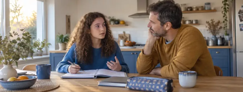 Un parent écoute son adolescente devant un cahier ouvert sur la table.
